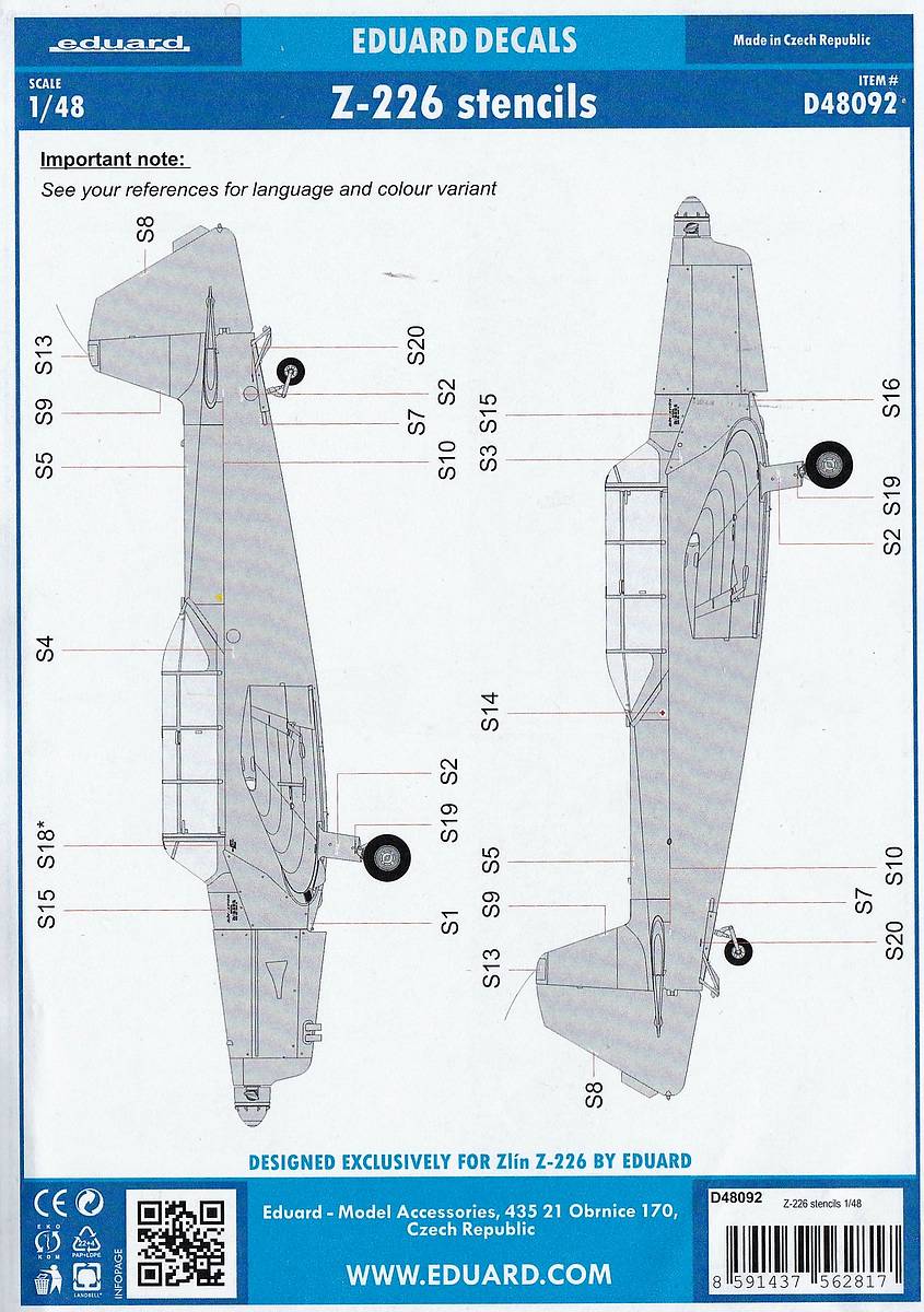 Stencils und Cockpit placards für Zlin Z-226 von Eduard # D48092